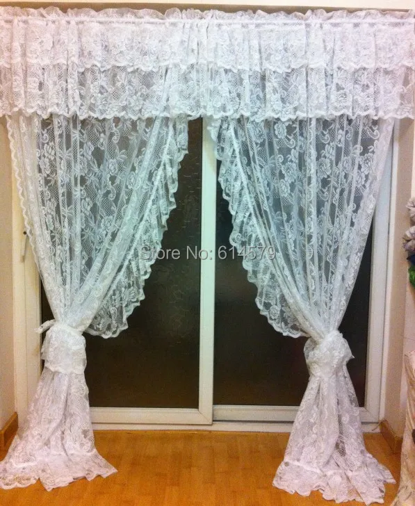 Crossover lace rose Kitchen curtains with dots cross over cream 2pcs 127x213cm with 18 cm and