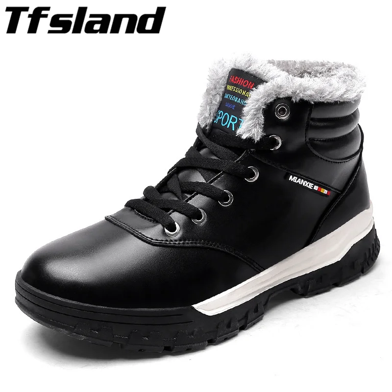 

Tfsland Winter Men Fur Leather Ankle Boots Professional Waterproof High Anti-skid Running Shoes Male Warm Plush Boots Size 39-48