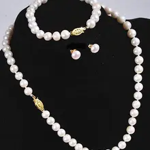 Настоящее природный 7- 8 мм белый Akoya культивированный жемчуг серьги браслета кварцевые женщины свадьба