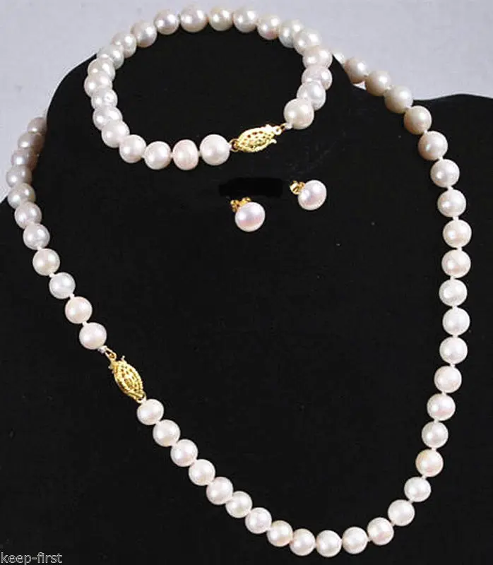 

New Real Natural 7-8MM White Akoya Cultured Pearl Necklace Bracelet Earring Set Quartz Women Wedding free shipping