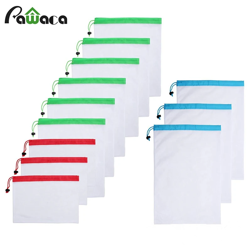 

12pcs/lot Reusable Mesh Produce Bags Kitchen Mesh Bags for Fruit Vegetable Toys Storage Bags Pouch Drawstring Mesh Shopping Bag