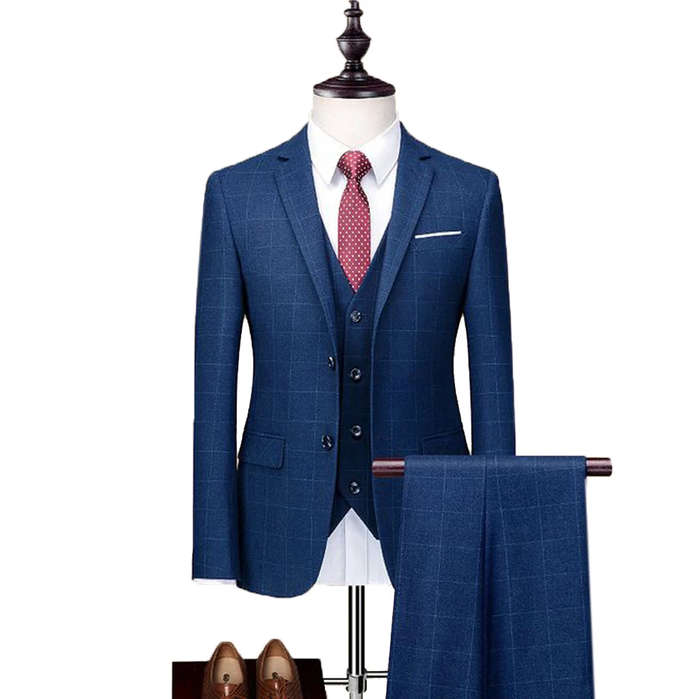 Men's Plaid Suit 3 Pieces Wool tweed Tuxedos Blazer Formal Groomsmen Suits(Blazer+Vest+Pants