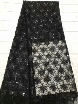 

2019 New French Nigerian sequins net lace,African tulle mesh lace fabric high quality for party wedding dress 5yards/lot Black
