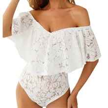 Women Summer Sexy Off-the-shoulder Lace Jumpsuit Top White Big Ruffle sleeve Bodysuits Women Summer Sexy Off-the-shoulder Lace Jumpsuit Top White Big Ruffle sleeve Bodysuits