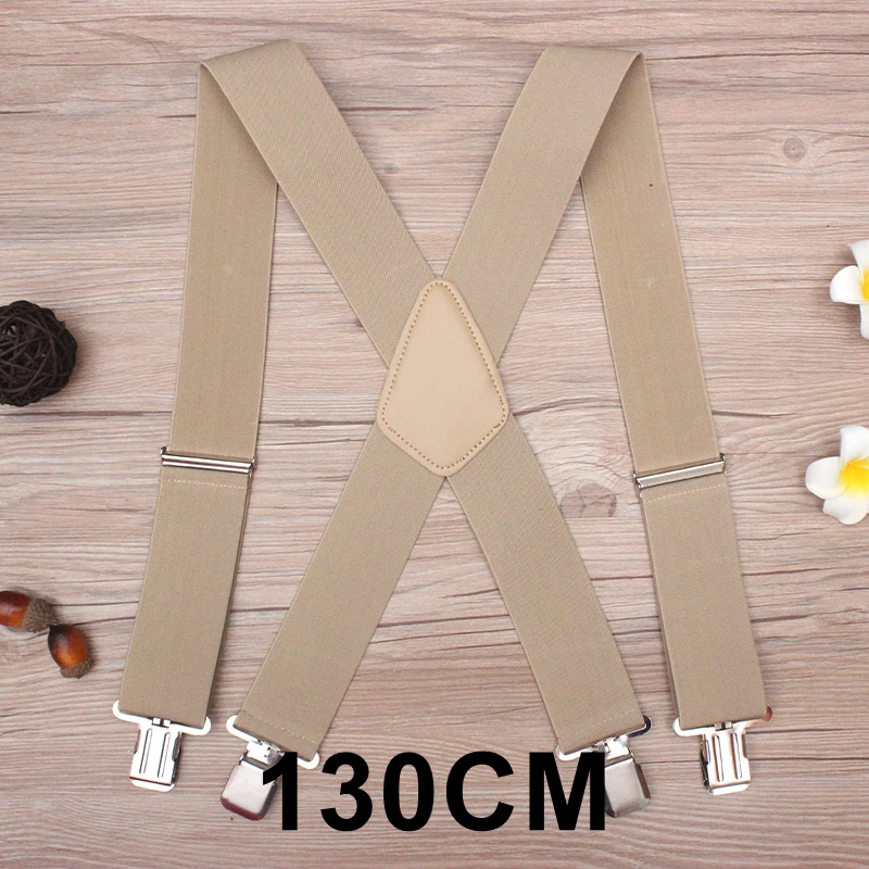 Khaki-130cm 130 см плюс размер подтяжки для тяжелых мужчин брюки с 4 сильными клипсами 5 см широкие подтяжки с x-обратно брюки мужские подтяжки ремень - Цвет: Khaki-130cm