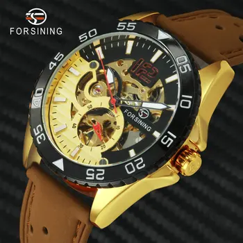 

Luxury Brand Watches Skeleton Mechanical Man Automatic Wrist Watch Gold Case Nubuck Leather Strap Waterproof Casual Dress Clock