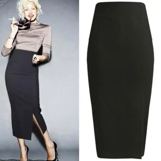 Осенне-зимние женские юбки-карандаш с высокой талией, шерстяные юбки размера плюс для работы, офиса, деловой женщины, юбки размера плюс 3XL - Цвет: black