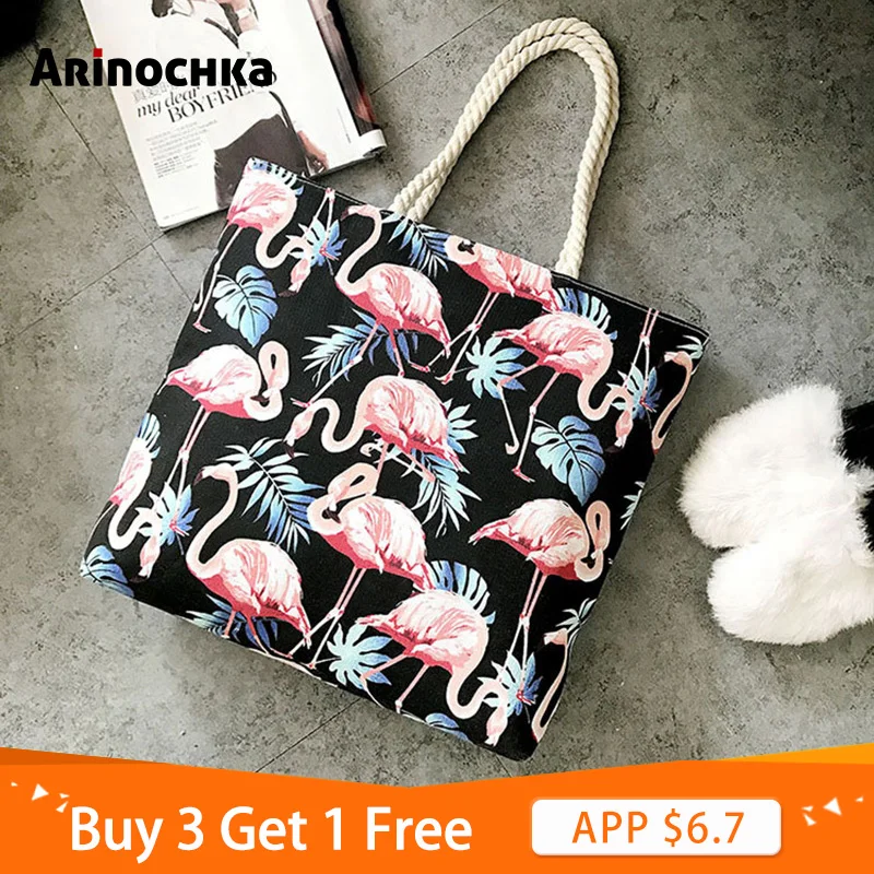 

Women Canvas Flamingo Shoulder Bag Bohemian Style Shopping Handbags Animal Printing Bag Female Casual Tote Big Floral Beach Bags