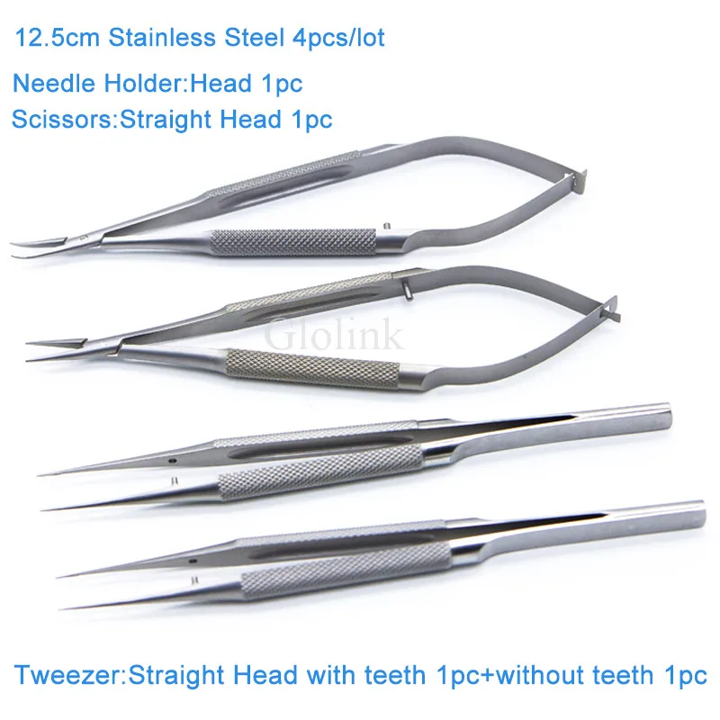 12.5cm 4pcs Набор инструментов 12,5/14/16/18 см ножницы+ держатели иглы+ Пинцет из нержавеющей стали стоматологические инструменты офтальмологических хирургических инструментов - Цвет: 12.5cm 4pcs