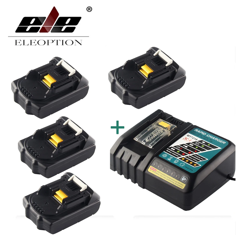 

ELEOPTION 4PCS 18V 2000mAh Li-ion Replacement Power Tool Battery For MAKITA 194205-3 194309-1 BL1815 + 1x 7.2V-18V Charger