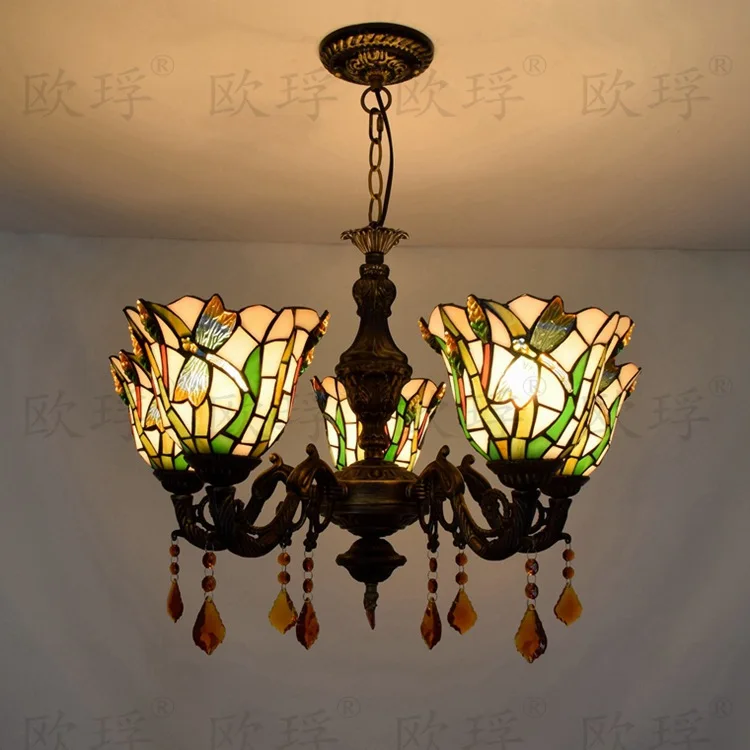 

Tiffany Dragonfly Stained Glass Suspended Luminaire E27 110-240V Chain Pendant lights for Home Parlor Dining Room hanging light