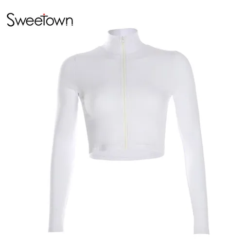 white Sweetown/белая однотонная тонкая пикантная женская футболка элегантная детская водолазка с длинными рукавами на молнии обрезная футболка осенне-зимняя уличная мода - Цвет: white