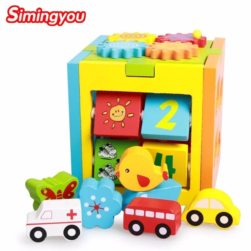 Simingyou Kids Wooden Toys Educational Porous Intelligence Box Shape Matching Blocks Toy Shape C20 Drop Shipping 13 holes wooden toys intelligence box for shape sorter cognitive and matching building sorority eductional toys for children