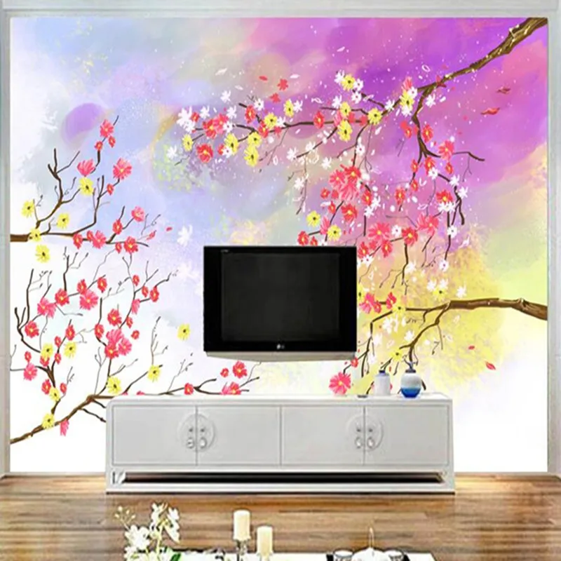 Hand Painted Non Woven Wallpapers 3D Pink Florals Trees Murals for Living Room Bedrooms Home