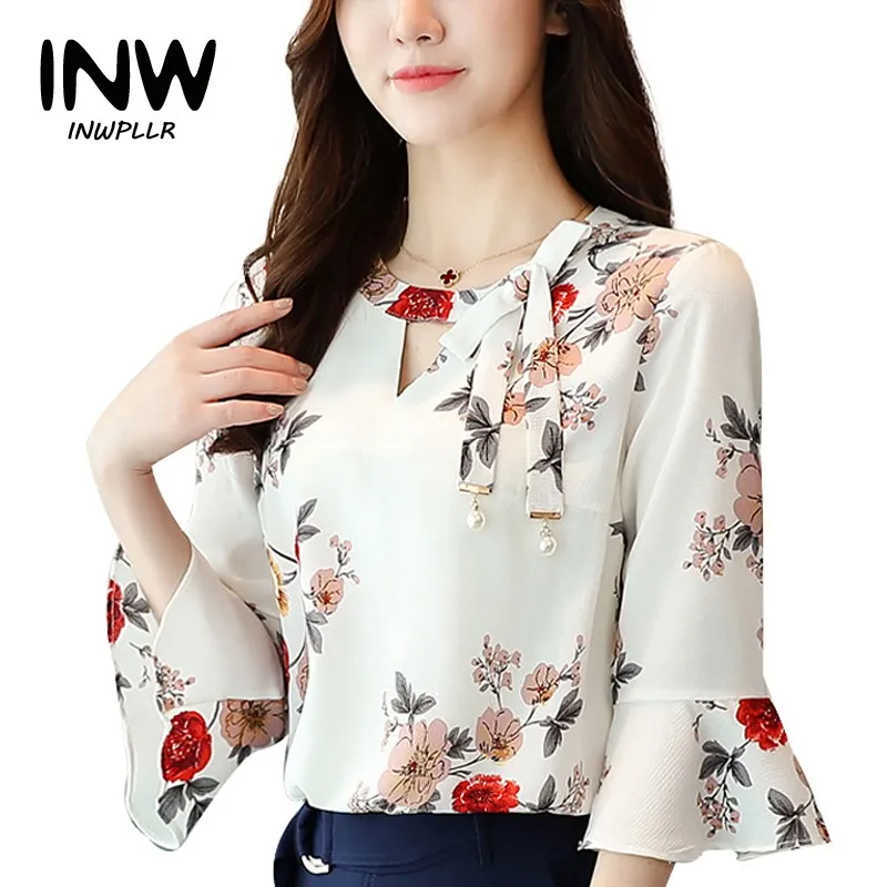 

2017 New Summer Autumn Blouse Women Tops Floral Print Shirts Elegant Three Quarter Flare Sleeves Chiffon Blusas Femininas