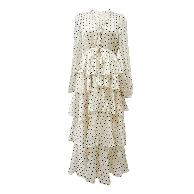 

2019 Spring Polka Dot Cake Dress High Waist V-neck Ruffle Dress