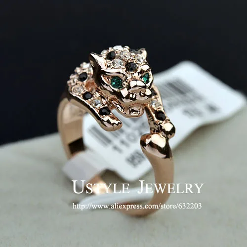 

USTYLE Fancy Brand Design with Crystals Green Eye Leopard Finger Ring
