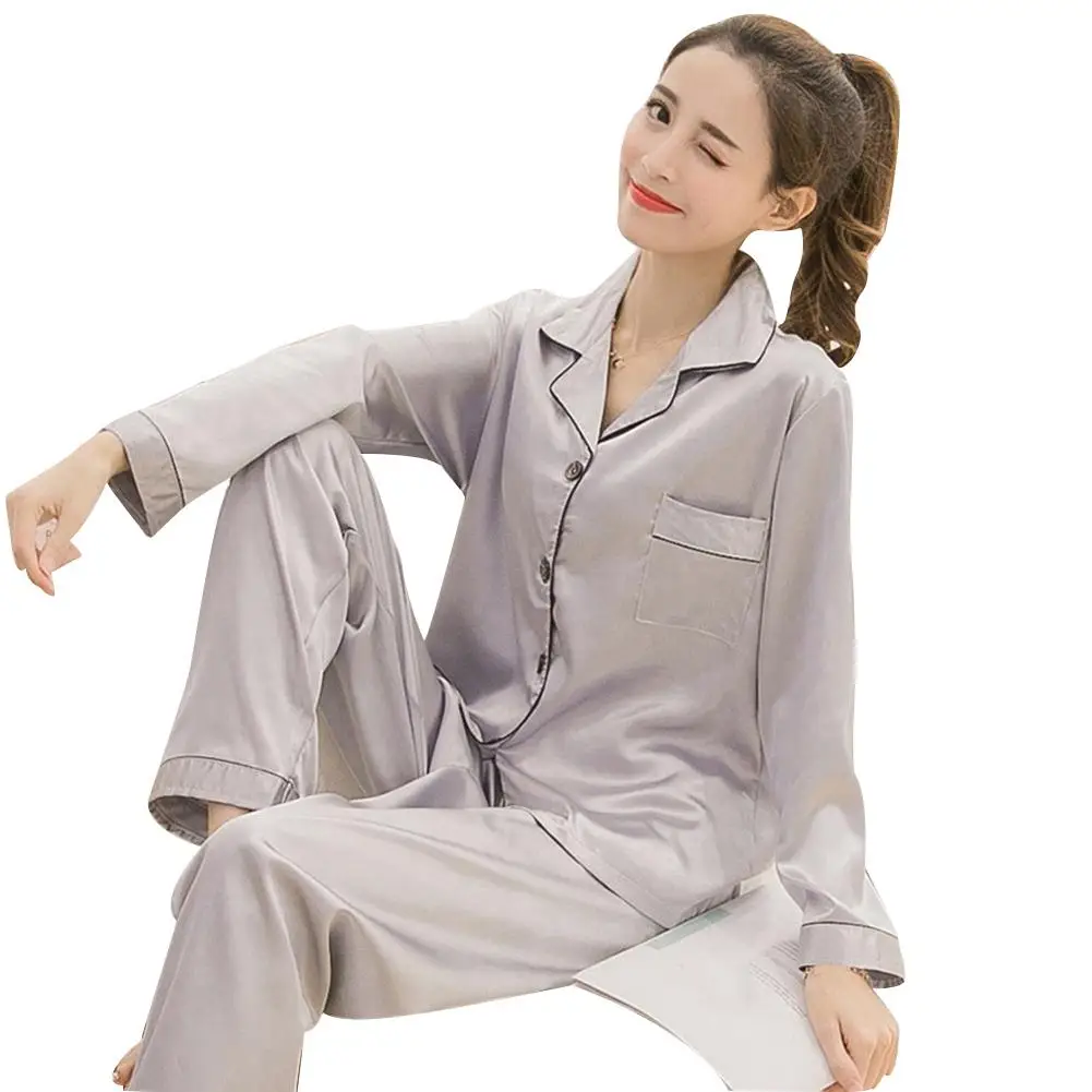 Women Solid Color Silky Pajama Set Long Sleeve Top Pants Two pieces ...