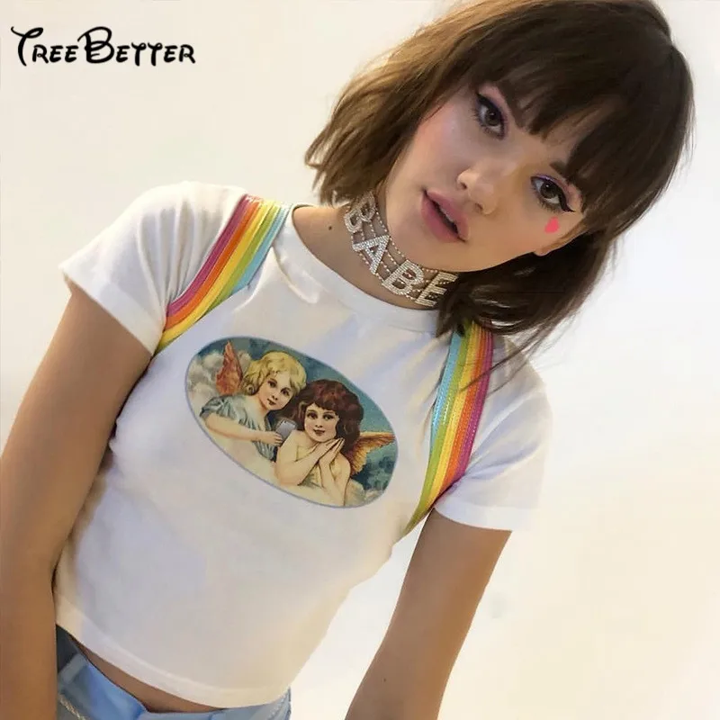 

Cotton Kawaii Angel Printed 2019 Women t shirts Summer Short Sleeved O-neck Clothing