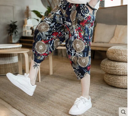 Китайский Стиль льняные обрезанные брюки мужские шорты с вышивкой летние свободные