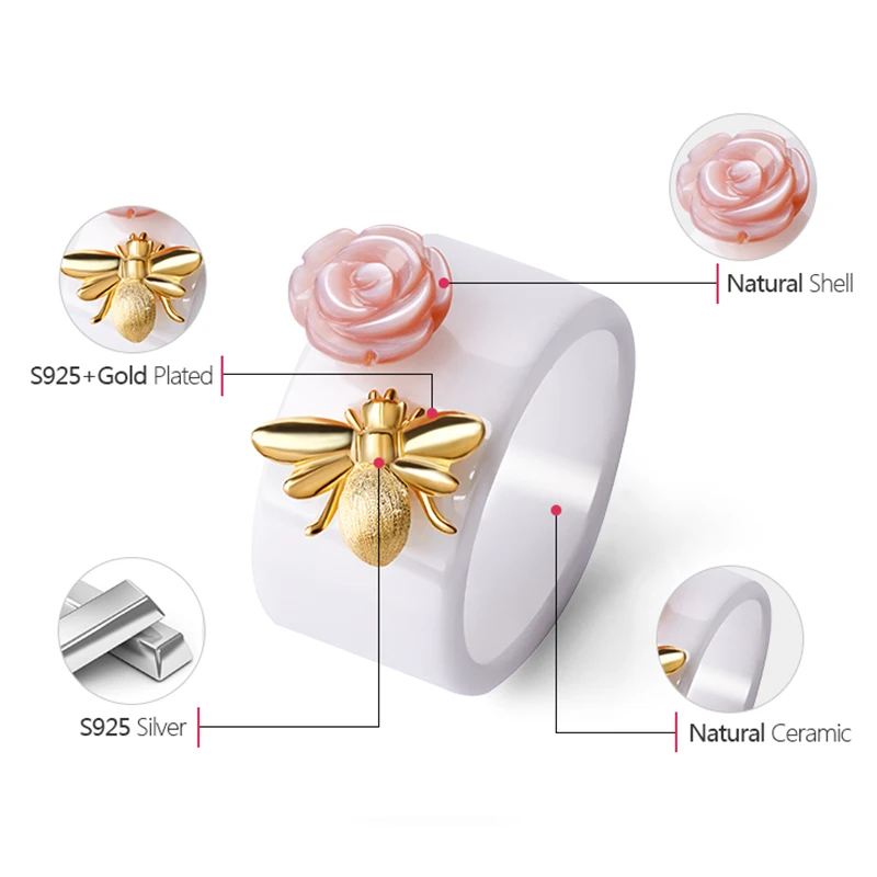 Lotus Fun Solid 925 Sterling Silver Rings for Women Ceramic Bee Rose Flower Silver Ring valentines day gift vintage jewelry