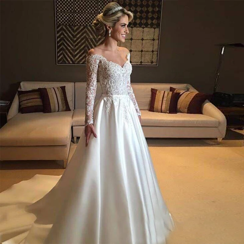 

2019 Top Quality Vintage Lace Wedding Dresses Long Sleeves Off The Shoulder Beaded White Ivory Wedding Gown Vestido De Noiva