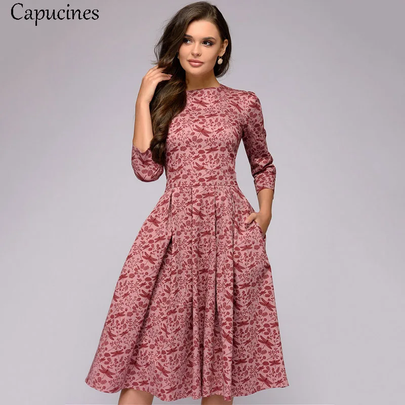 Red Capucines марочный Башня+ футболки напечатанный Платье женское Рукава 3/4 Элегантные Весенние Летние Платья Карманы А-силуэт Повседневная Платье - Цвет: Red