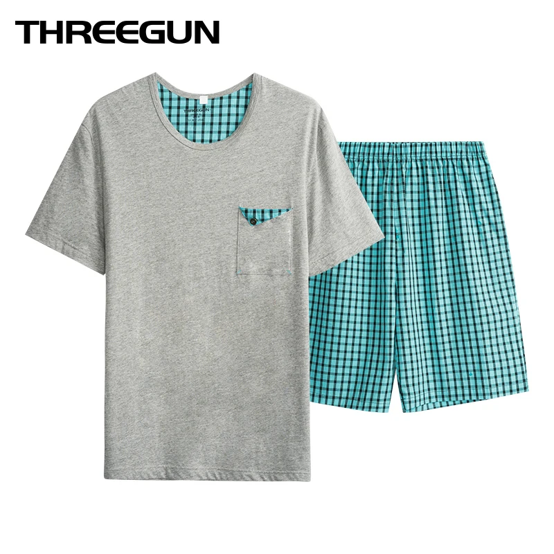 

THREEGUN Men's Pajamas Suit Cotton Short-sleeved Plaid Sleepwear young man homewear pijama hombre pyjamas men t-shirts & shorts