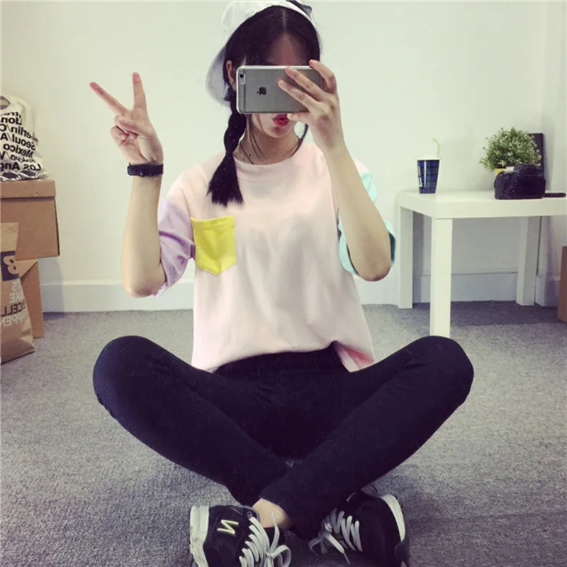 2018 الكورية المرأة الصيف نمط الأزياء المتناثرة خليط القمصان kawaii القطن قصيرة الأكمام قمم عارضة قمزة الإناث فضفاضة لطيف