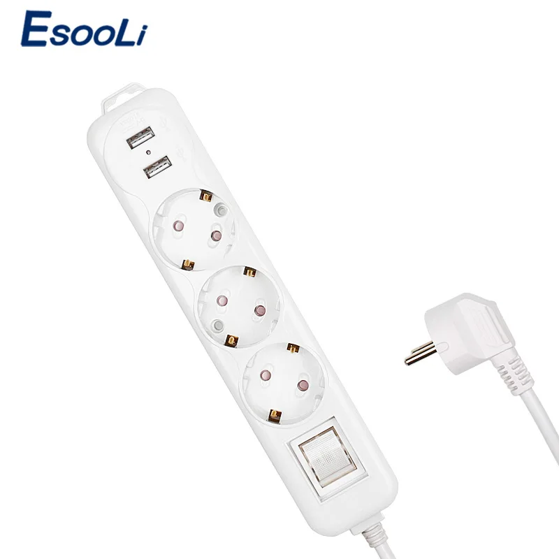 Esooli блок питания двойное зарядное устройство usb порт 3 AC ЕС розетка удлинитель патрона Кнопка питания Защита от перенапряжения 2 м Чистый медный провод