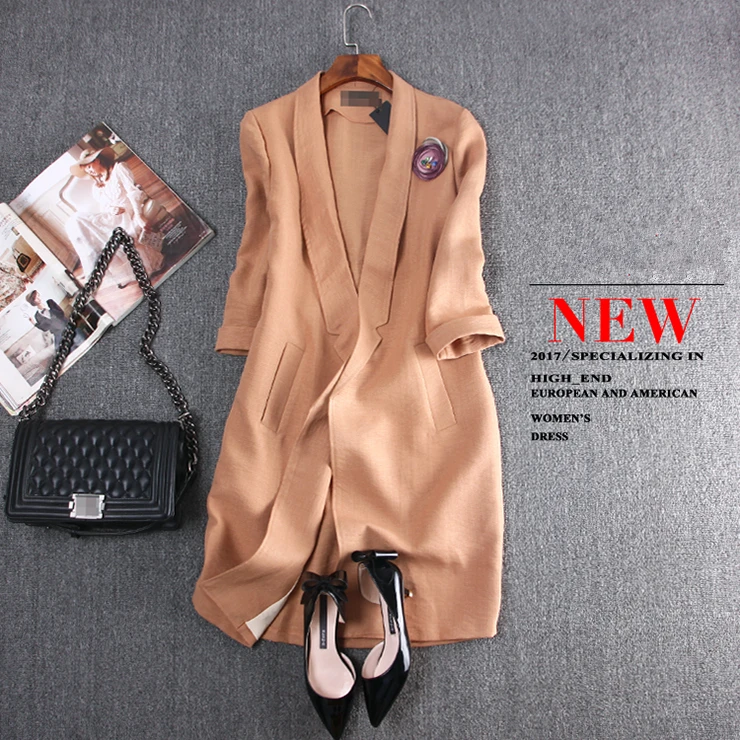 Europe station 2017 New autumn Three Quarter sleeve Long Solid fashion casual Notched collar Pockets women Blazers plus size