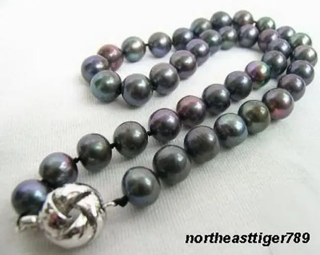 

Hot sale Free Shipping>>>>Real 9-10mm Freshwater Black Pearl 18KWGP Clasp Necklace