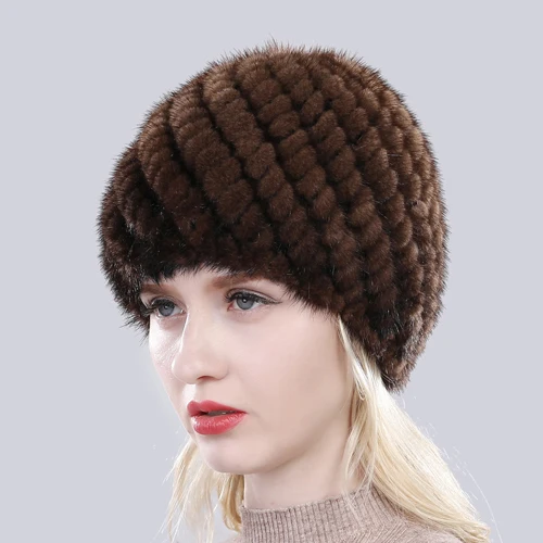 Женская зимняя вязаная шапка из натурального меха норки, натуральная теплая, хорошая эластичность, меховая шапка для русской леди, качественные шапки из натурального меха норки - Цвет: Brown