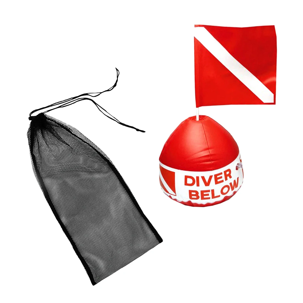 Diving Swimming Fin Shoes Flippers Accessories Mesh Bag + Red & White Scuba Flag with Inflatable Float Buoy Diving Bags