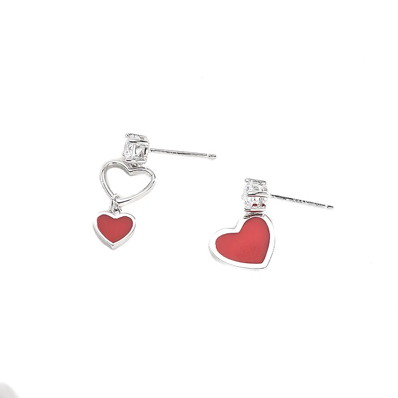 

S925 pure silver earrings female simple sweet red love earrings Sen literary heart-shaped hollow beads ear jewelry female