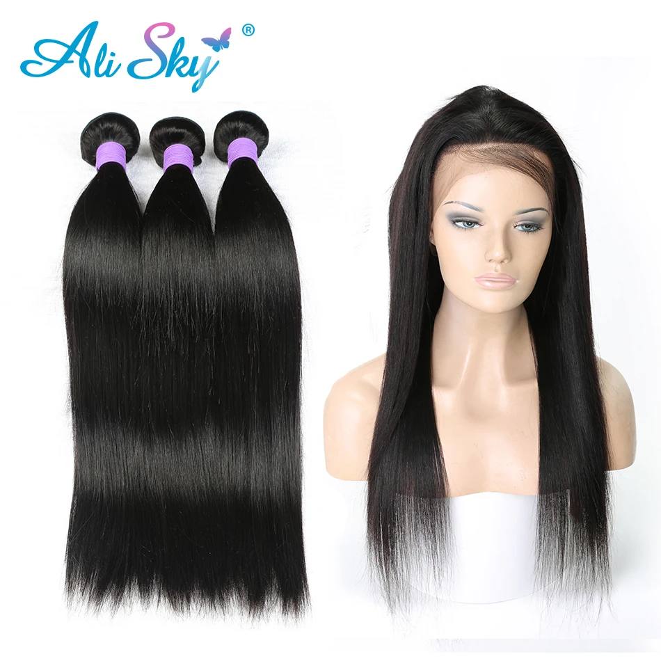 Brazilian Straight Hair 360 Lace Frontal Closure With Bundles Human Hair 3 Bundles With Closure Ali sky Frontal Nonremy 4 PCS Brazilian Straight Hair 360 Lace Frontal Closure With Bundles Human Hair 3 Bundles With Closure Ali sky Frontal Nonremy 4 PCS