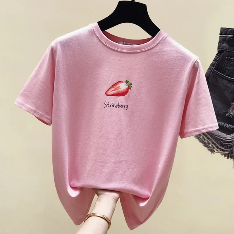 

Shintimes Short Sleeve Cotton T-shirt Women 2019 Summer New Casual Loose Avocado Green Fruit Print Kawaii Pink T shirts Female