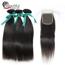 Красивые королевские волосы перуанские Виргинские волосы прямые 3 шт пучки с кружевом Закрытие 4x4 часть необработанные волосы расширение