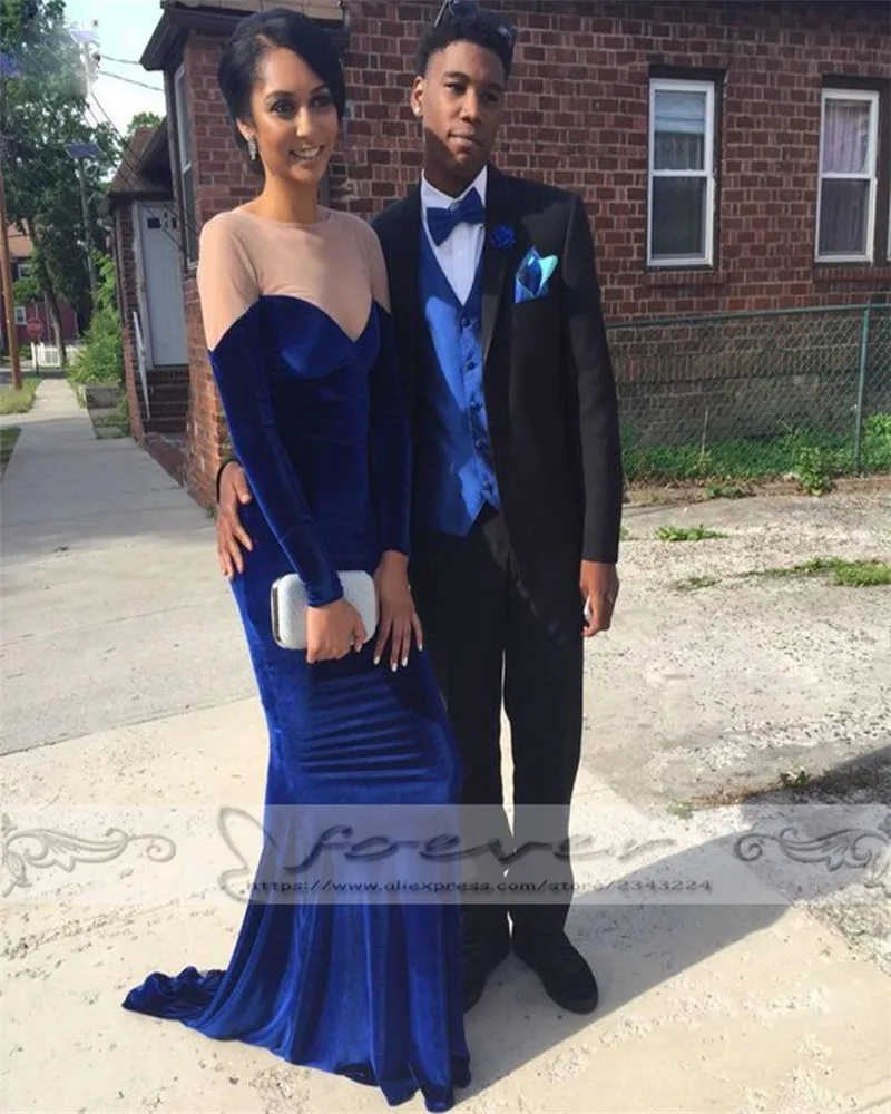 

Fashion Arabic Champagne Sheer Royal Blue Velour Long Sleeve Evening Dresses 2019 Vesrido De Festa Appleques Mermaid Party Gown