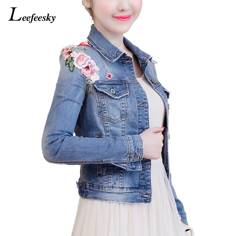 Floral embroidery women jeans coat autumn 2017 new arrival slim denim Floral embroidery women jeans coat autumn 2017 new arrival slim denim