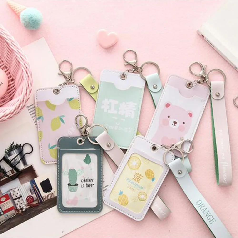 

Plastic Cartoon ID Bus Card Pass Holder Keyring Key Chain Case Wallet Pouch Gift PU Floral Card Cover Bank Credit Card Holder