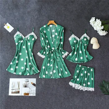 

Sexy Women's Robe & Gown Sets Lace Bathrobe + Night 4 Four Pieces Sleepwear Womens Sleep Set Faux Silk Robe Femme Lingerie