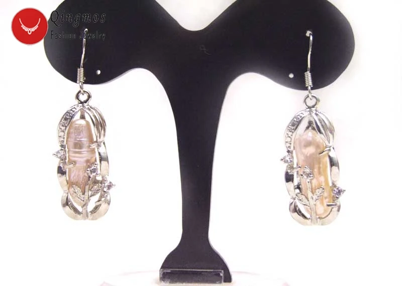 

Qingmos Pink 8*22mm Baroque Natural Freshwater Dangle Pearl Earrings for Women with Biwa Pearl Silver Hook Fine Jewelry-ear448