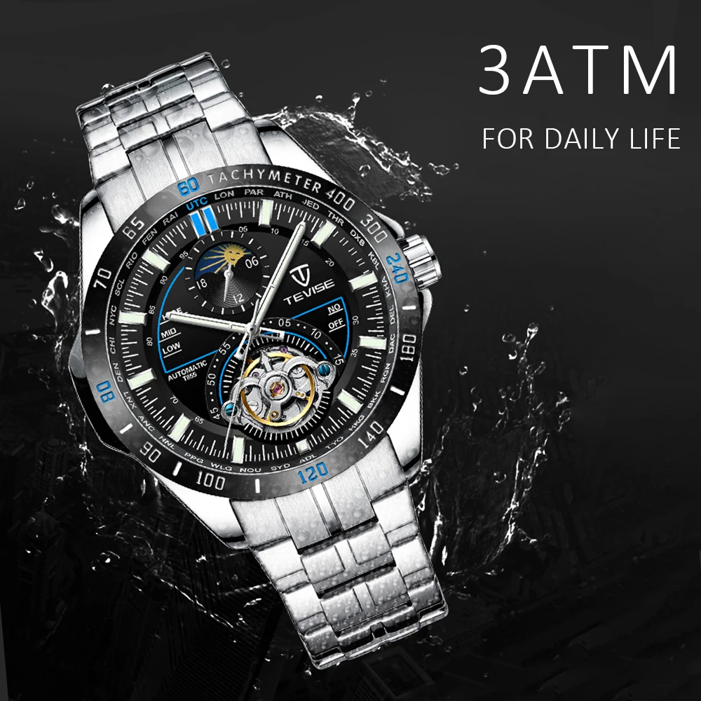 TEVISE часы мужские многофункциональные часы Автоматические Мужские механические часы модные водонепроницаемые наручные часы с большим циферблатом роскошные часы