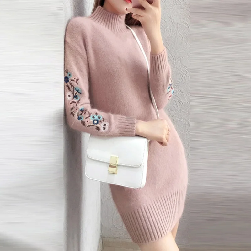 TYJTJY Faldas Mujer Moda осенние и зимние модные платья скидки платье имитация свитера платье с длинным рукавом теплое платье - Цвет: Pink