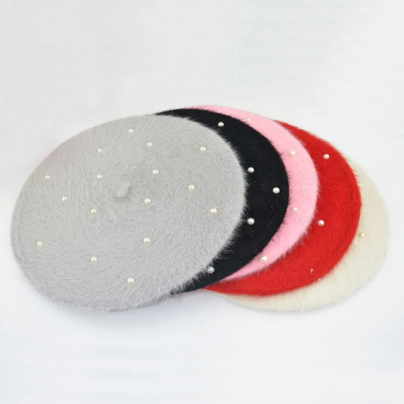 

2016 New Casual Bead Pearl Rabbit Fur Beret Hat for Women Gift Winter and Autumn Boina Feminina Cap