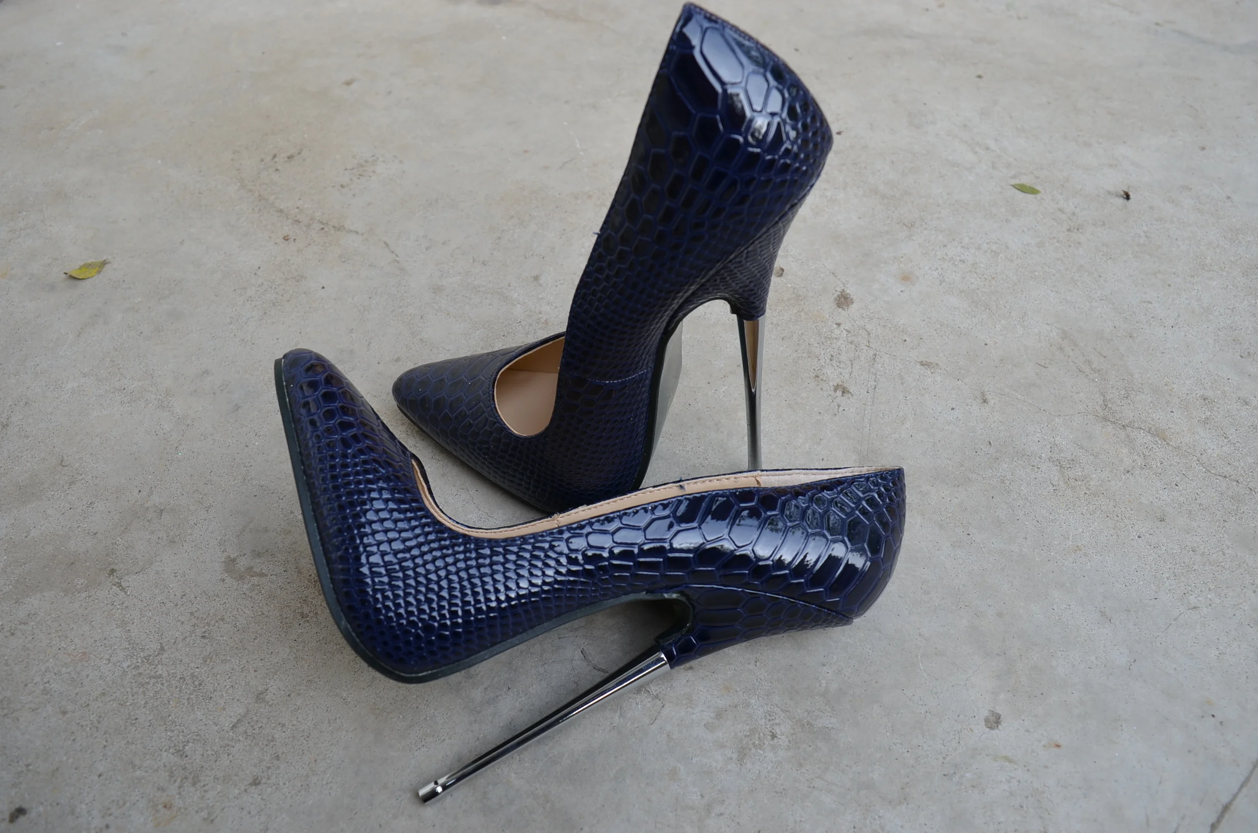 16cm Heel Hot Women's Dark Blue Pumps Snake Pattern PU Leather Metal Heel Plus Size Shoes Fashion Lady A4