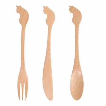 

Natural Wood Knife Picnic Tableware Set Cartoon Toddler Cutlery Set Rice Scoop Restaurant Kid Child Salad Fork Dinner Tool 1set