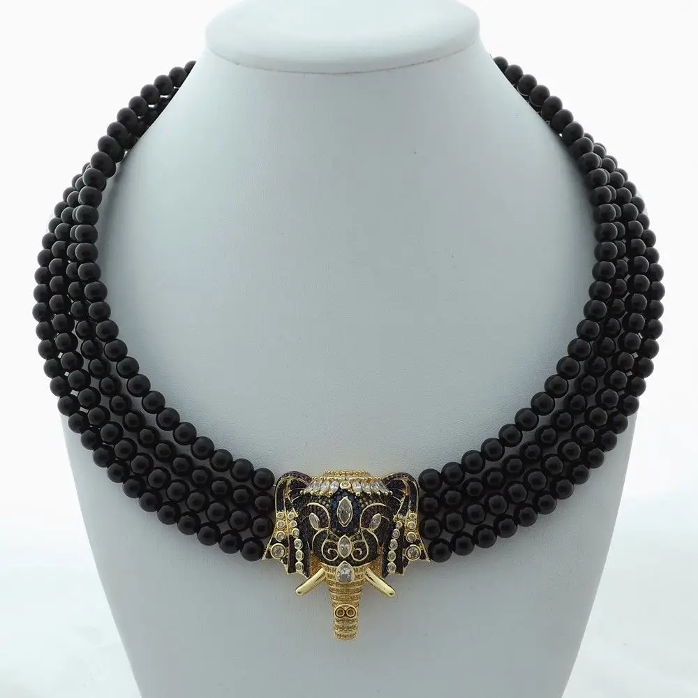 

18''-21'' 4 Rows Onyx Necklace CZ Pendant