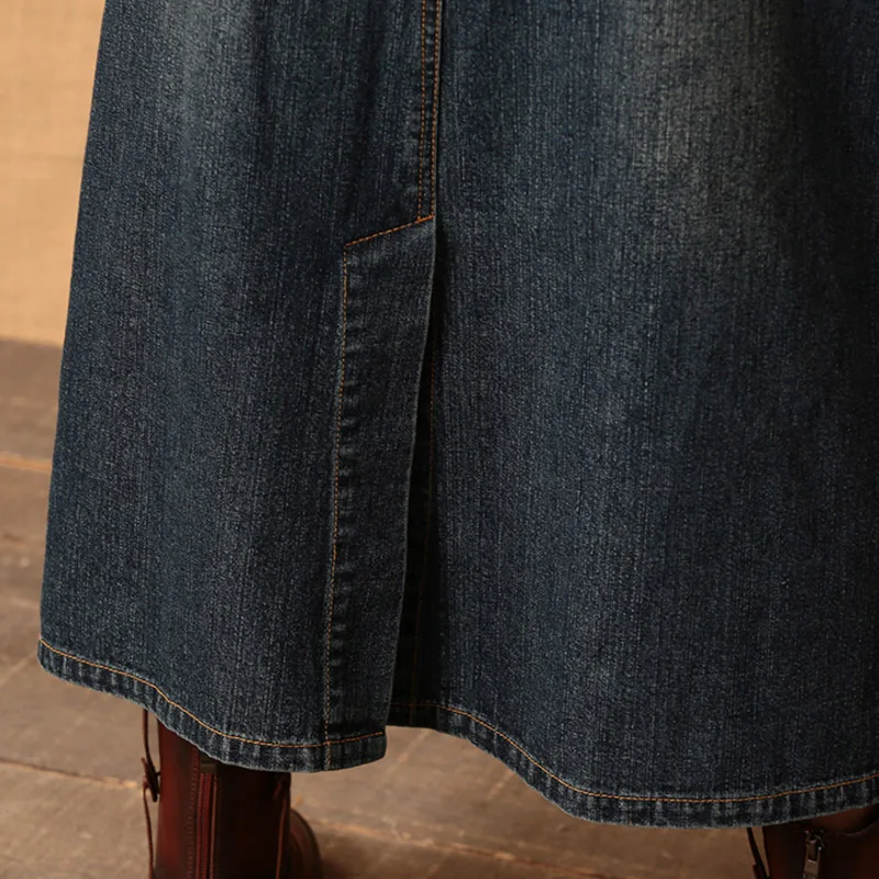 Осень, Ретро стиль, повседневная женская джинсовая юбка средней длины, винтажная, а-силуэт, ковбойские джинсы, длинные юбки для женщин